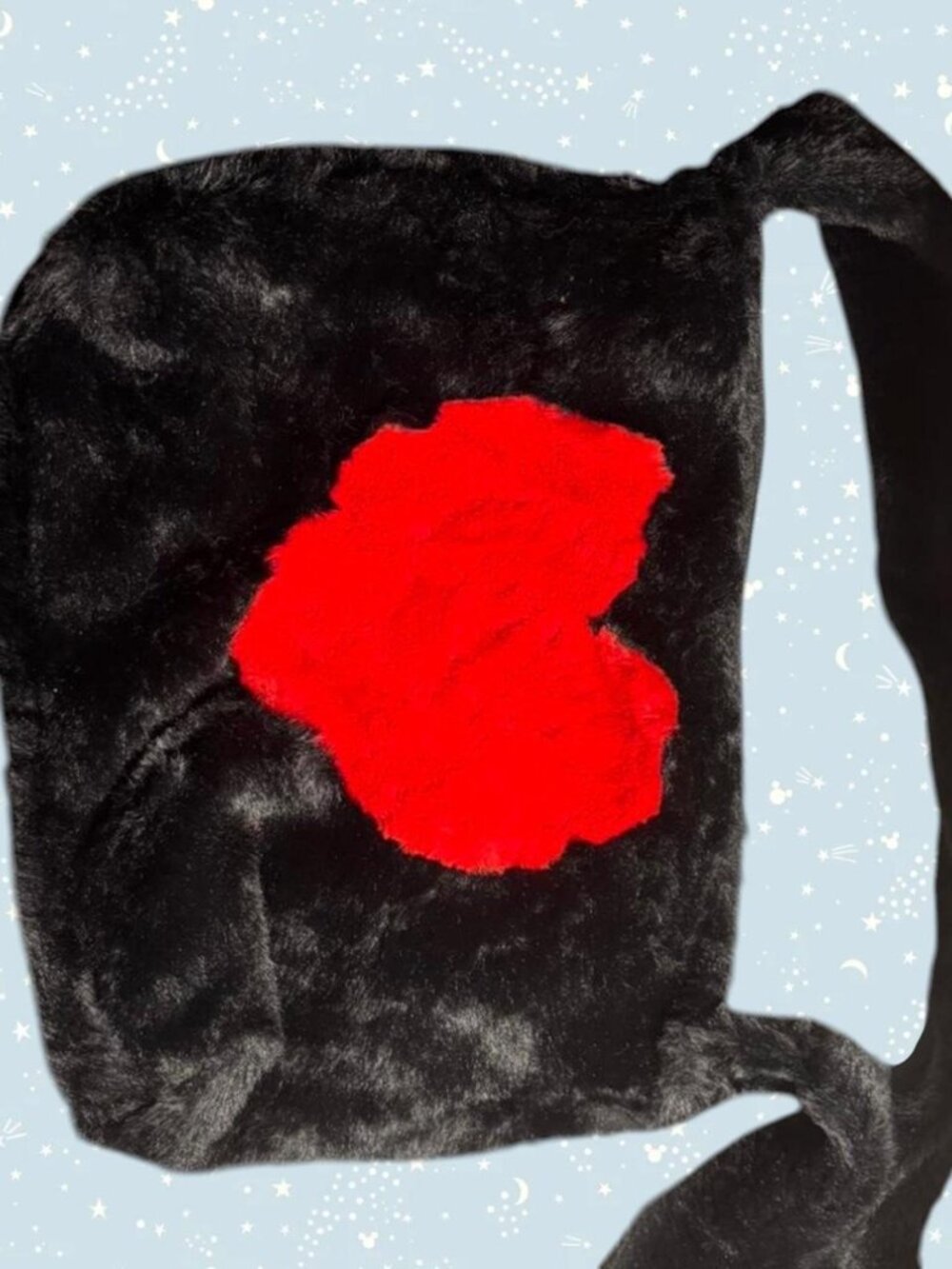 Black faux fur crossbody bag with red heart